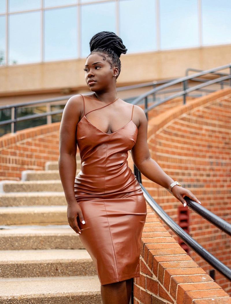 You're The One Leather Dress-Brown